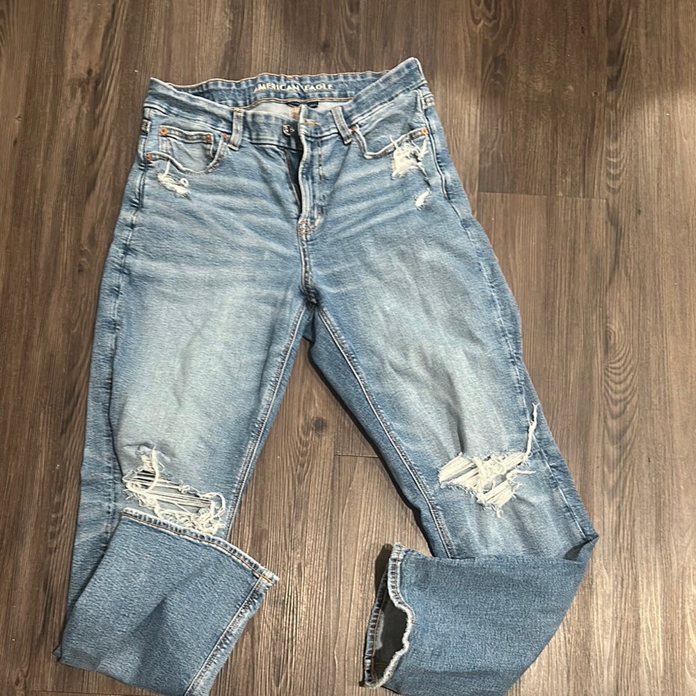 American Eagle Outfitters Blue Curvy Straight Leg Jeans HR Distressed Casual 10
